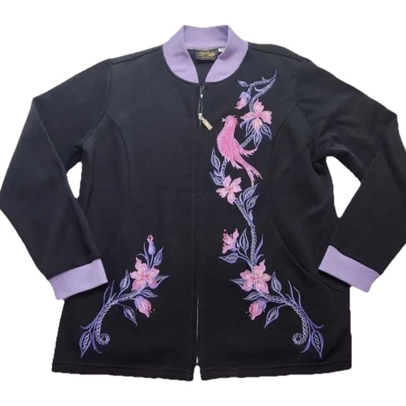 Bob Mackie Wearable Art Embroidered Songbird Zip Up Ringer Sweater Jacket NWT - Picture 1 of 5